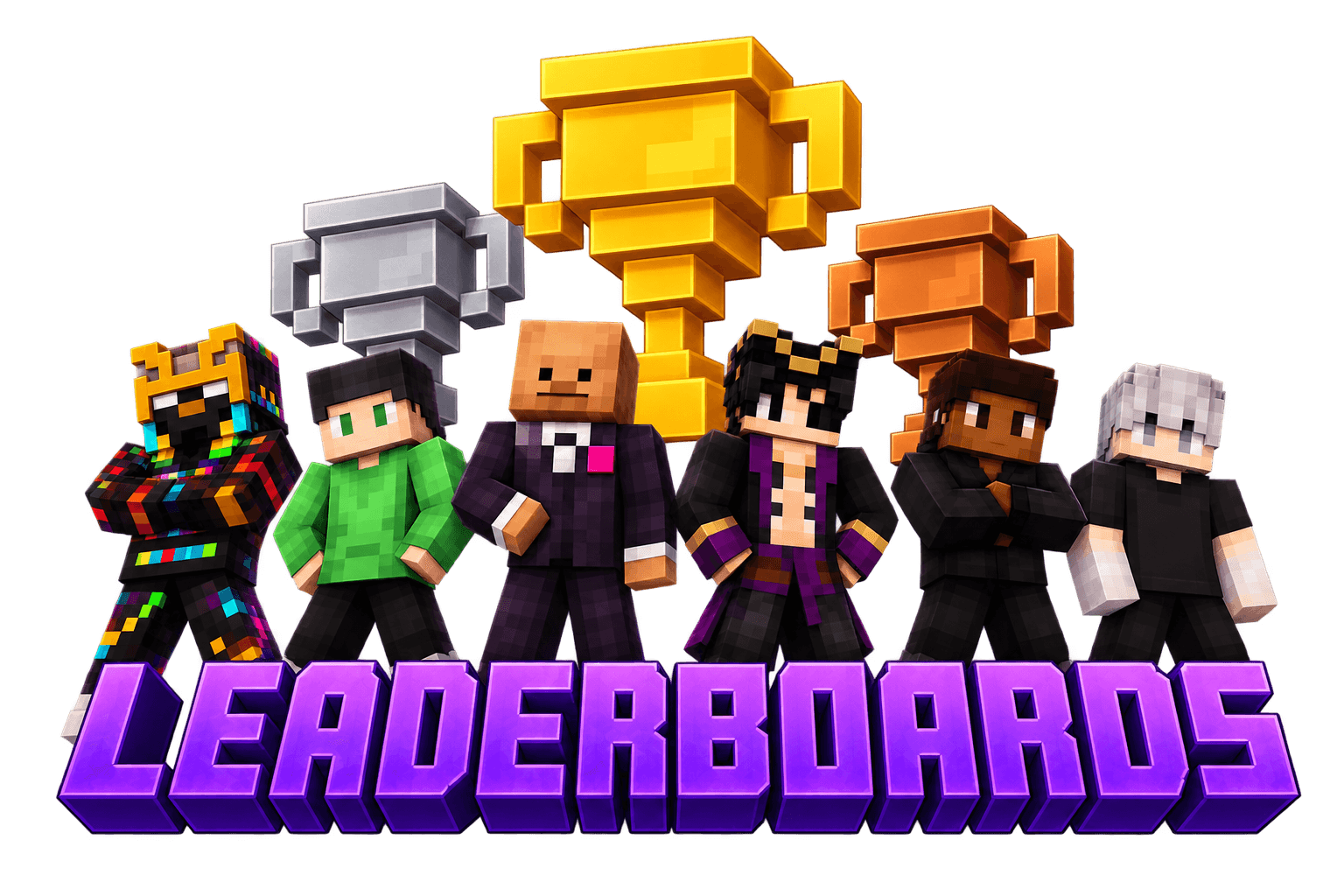 Minecraft players standing beneath gold, silver, and bronze leaderboard trophies
