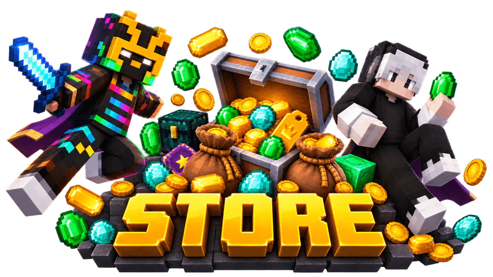 Minecraft players beside a treasure chest filled with coins, gems, and store upgrades